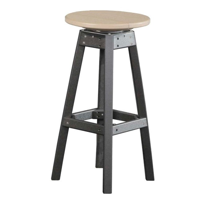 A rustic industrial-style bar stool with a round light beige wood seat and a black frame with a footrest.