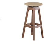A swivel bar stool with a light beige round seat and a brown four-legged frame, shown against a plain white background.