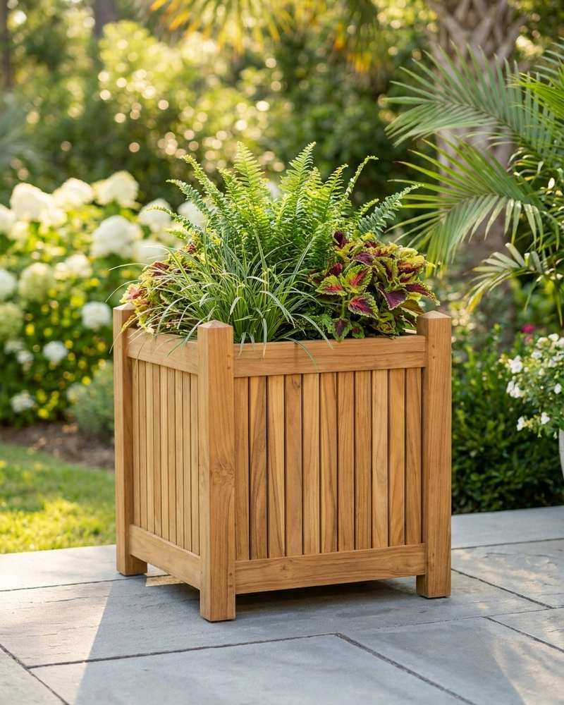 A square wooden planter box with vertical slats, filled with green ferns and foliage, set on a stone patio with a blurred garden background.