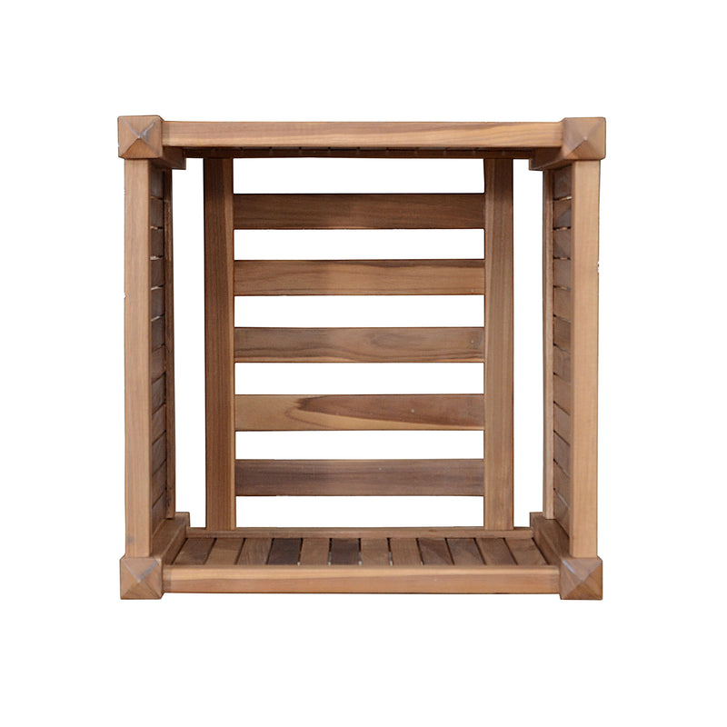 Bottom view of a wooden planter on a white background.  