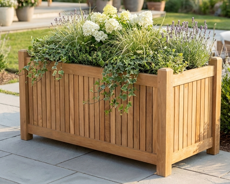 Anderson Teak rectangular planter with lush plants and flowers on a stone patio.  