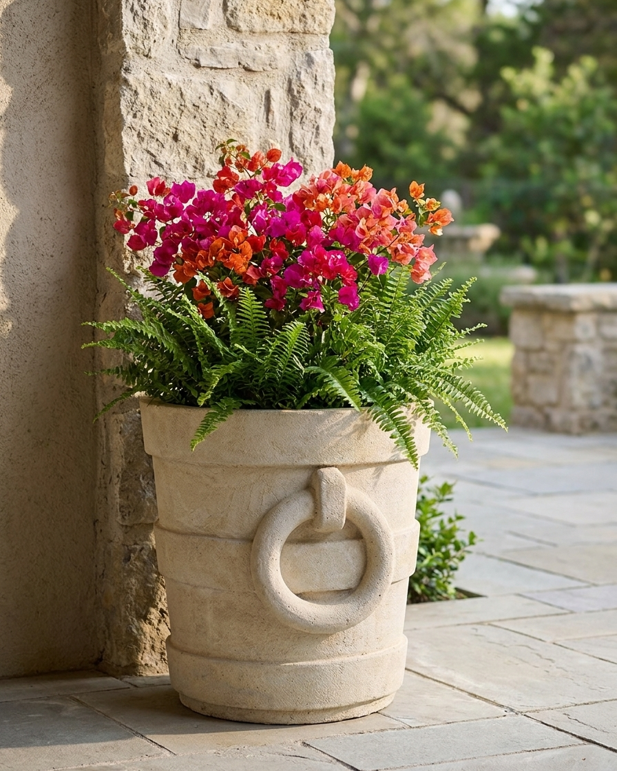 A large beige stone planter with a decorative ring handle, filled with green ferns and vibrant pink and orange flowers, set on a stone patio next to a stone pillar.
