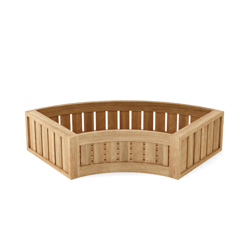 Back view of a teak circular planter on a white background.  