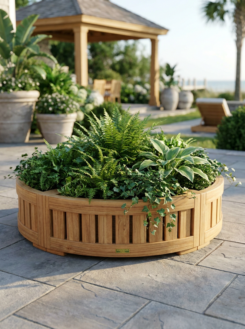 4 circular planters creating a circle planter box filled with lush green ferns and foliage, set on a stone patio in an outdoor garden setting with a gazebo and plants in the background.