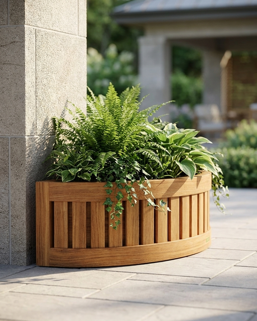 A curved wooden planter box with vertical slats, filled with green ferns and trailing ivy, placed beside a stone pillar on a paved patio.