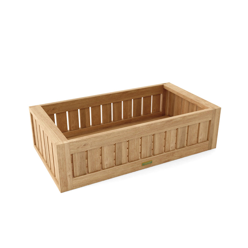 Side view of anderson teak straight planter on a white background.  