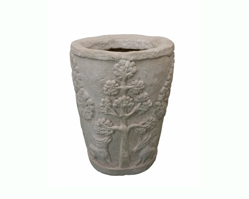 A light gray stone planter pot featuring embossed tree and floral carvings on its textured surface, shown against a plain white background.