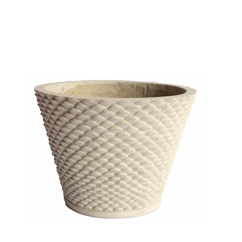 Beige limestone planter with a woven pattern on a white background