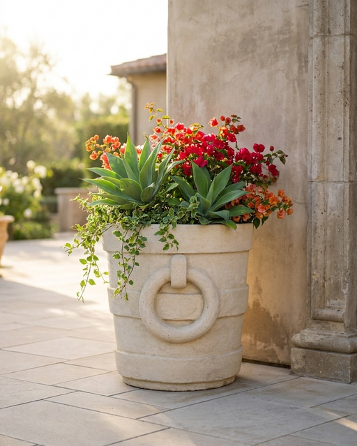 A large beige stone planter with a circular ring handle, filled with green succulents and red-orange flowers, set on a stone patio next to a stucco column.