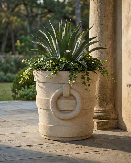 A large beige stone planter with a decorative ring handle, filled with a green agave plant and trailing ivy, set on a stone patio beside a column.