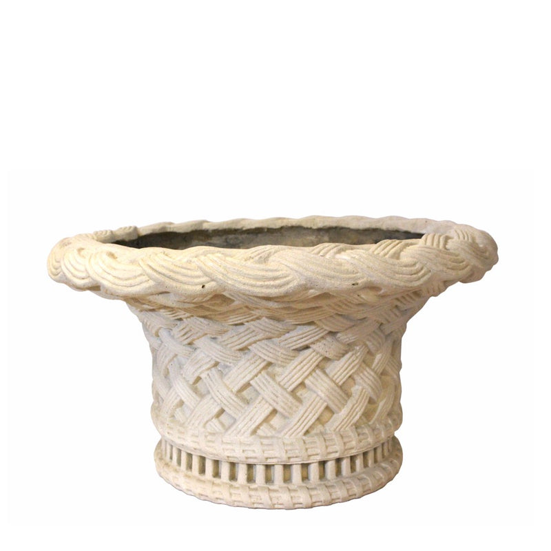 Decorative stone planter with woven pattern on a white background