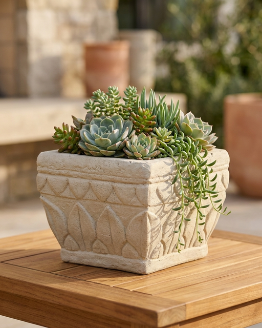 A limestone planter filled with succulents on a teak table.  