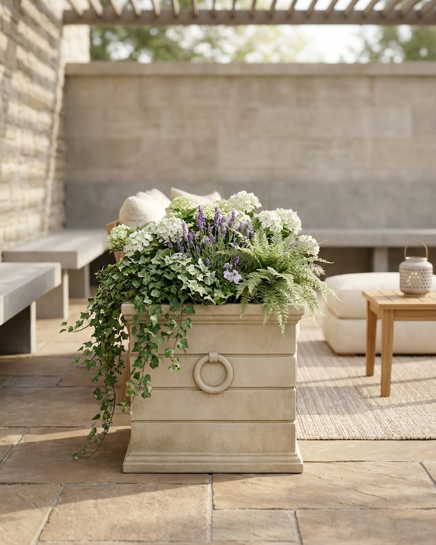 A large rectangular stone planter with a ring handle, filled with green ferns, white flowers, and purple lavender, placed on a stone patio in an outdoor patio setting.