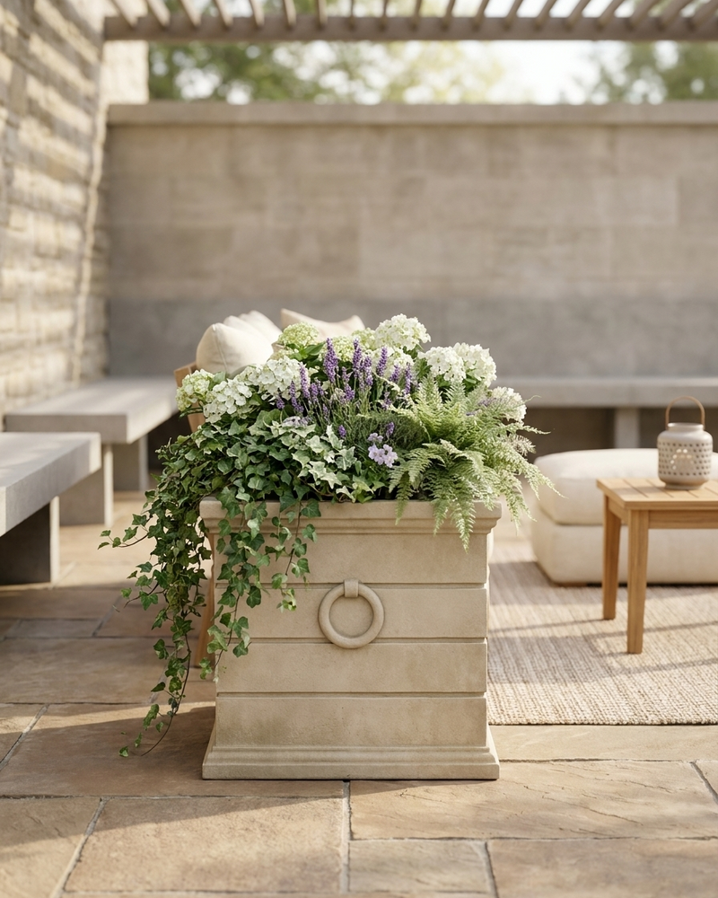 A large rectangular stone planter with a ring handle, filled with green ferns, white flowers, and purple lavender, placed on a stone patio in an outdoor patio setting.