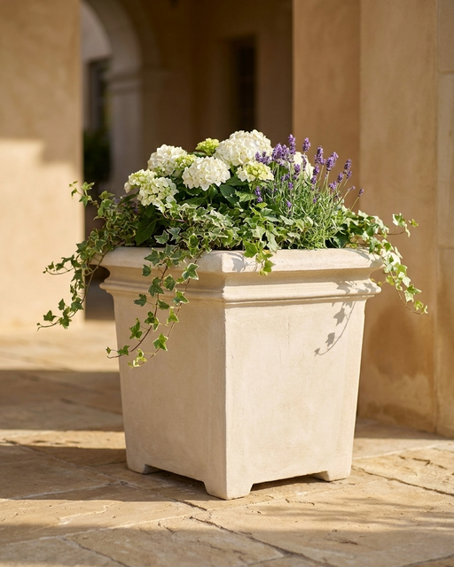  A Square limestone planter filled with white and purple flowers with greens palced on a stone patio.  