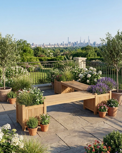 A modern outdoor wooden bench with integrated planter boxes on a stone patio, overlooking a landscaped garden and distant city skyline under a clear blue sky.