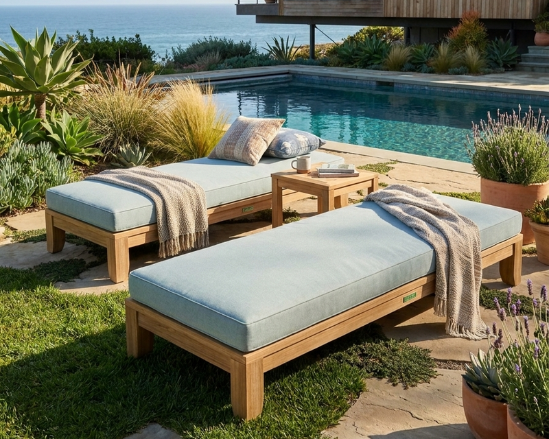Riviera Daybeds in sizes 60" and 72".  The daybeds are placed on a stone patio near a pool with ocean views.  