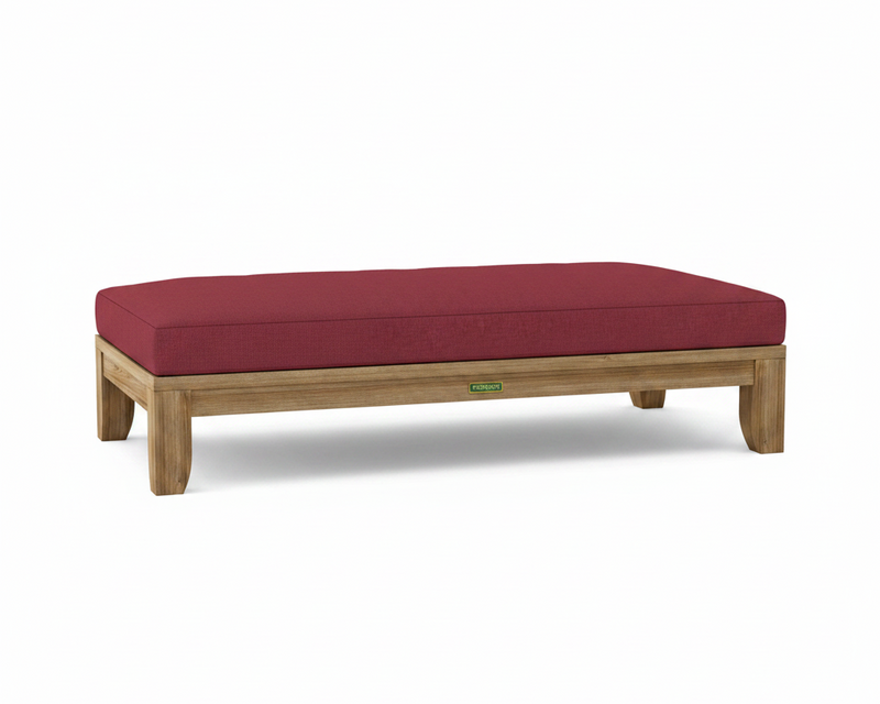Riviera daybed with burgundy cushions on white background.  