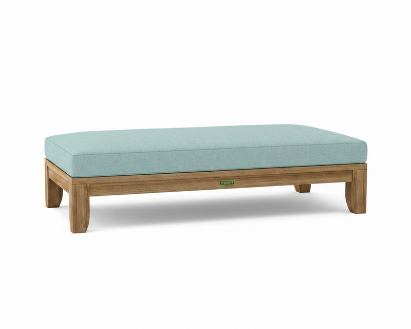 Riviera daybed with mineral blue cushions on white background.  