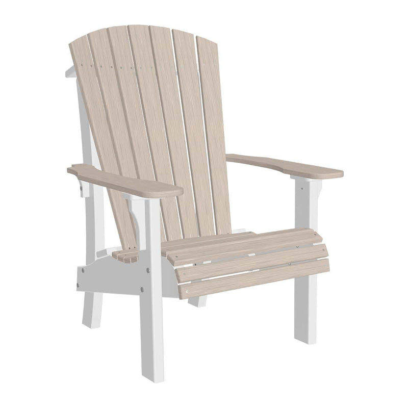Adirondack chair with beige seat and backrest on a white frame and white background