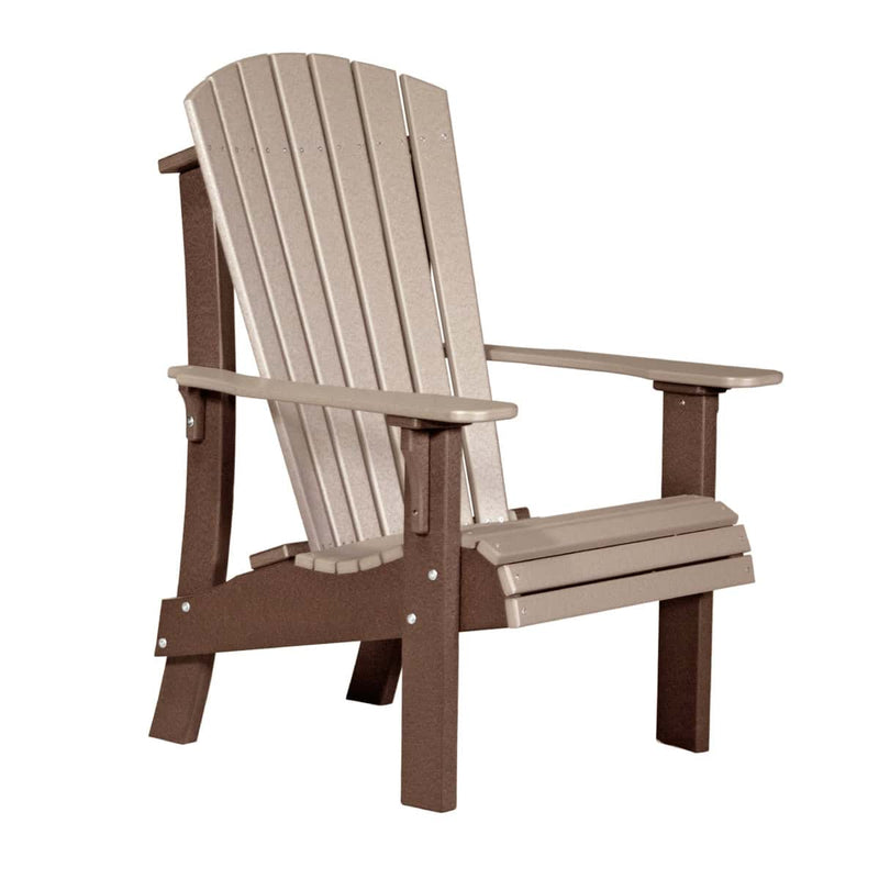 Adirondack chair with beige slats and a brown frame on a white background