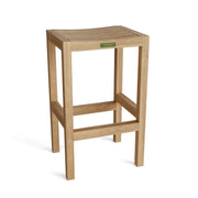Wooden bar stool with a visible brand label on a white background
