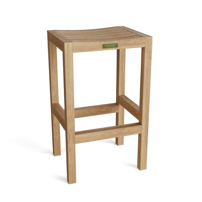 Wooden bar stool with a visible brand label on a white background
