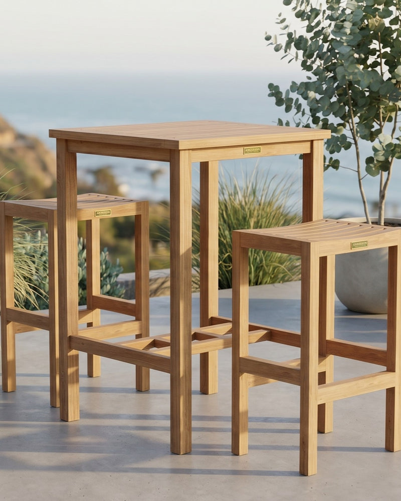 Wooden outdoor table and chairs with a scenic background