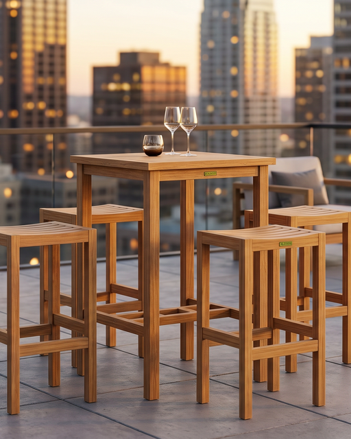 Wooden outdoor furniture set with a table and stools on a rooftop with city skyline in the background.
