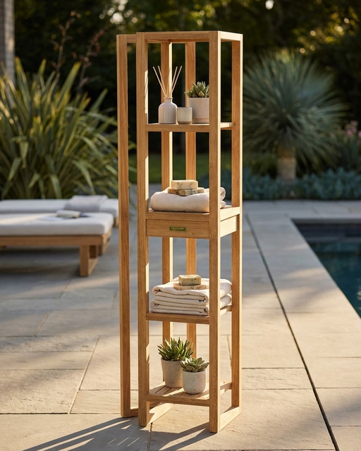 A tall, four-tier wooden outdoor shelf with a small center drawer, styled with folded towels and potted succulents next to a swimming pool on a stone patio.