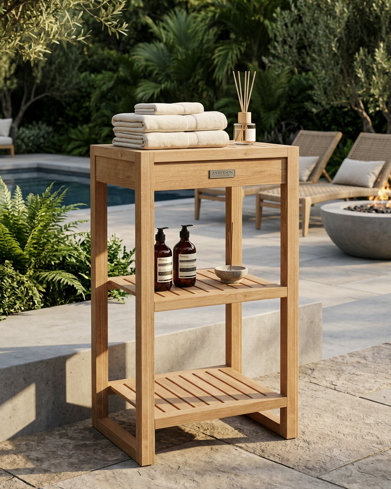 A three-tier outdoor teak wood bath accessory stand in a poolside patio setting, styled with folded towels, bottles, and a reed diffuser.