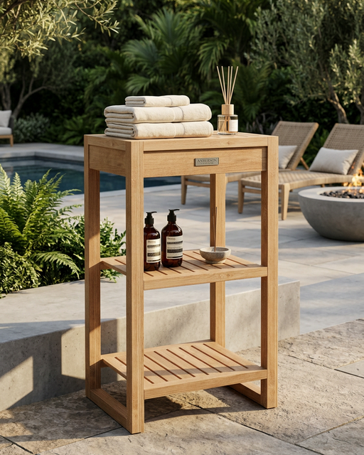 A three-tier outdoor teak wood bath accessory stand in a poolside patio setting, styled with folded towels, bottles, and a reed diffuser.
