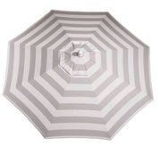 Gray and white striped patio umbrella on a white background