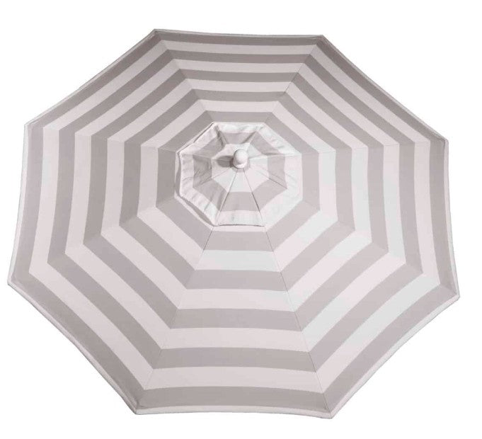 Gray and white striped patio umbrella on a white background