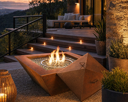HPC 30 inch square fire bowl cover shown with the Sedona 40 inch square fire bowl on an elevated patio with valley views.  

