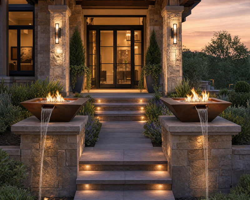 The HPC Sedona fire and water bowl positioned on 2 stone pillars at the end of a walkway to the entrance for a stone home.  