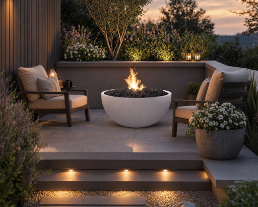 Serenade lightweight natural concrete fire pit with black lava stones on a stone patio with a small seating area and potted plants and flowers