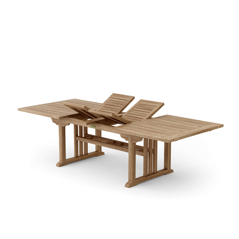 Anderson Teak Sahara 106" rectanguar double extension table showing extensions pieces raised on a white background.  
