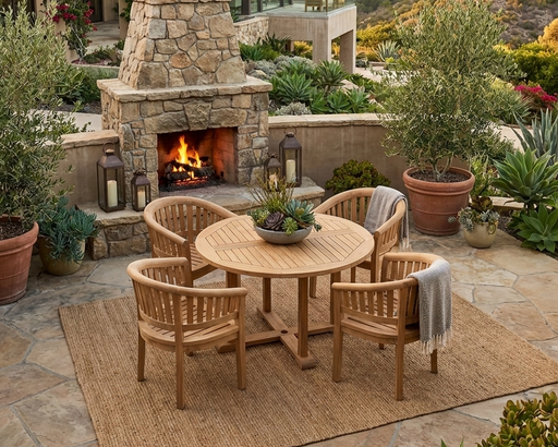 Anderson Teak Tosca 5-piece dining set on a stone patio with fireplace and canyon views.  