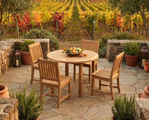 Anderson teak, sommerset 5-piece dining table set on a stone patio in the fall overlooking a vineyard.

