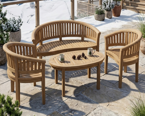 Anderson Teak Outdoor Living Set on a stone patio in the winter.  