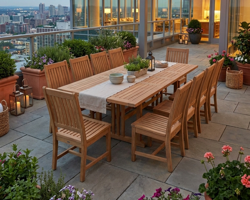 Anderson Teak Shara Rialto 13-Piece Rectangular Dining Set on a stone patio with city views.  
