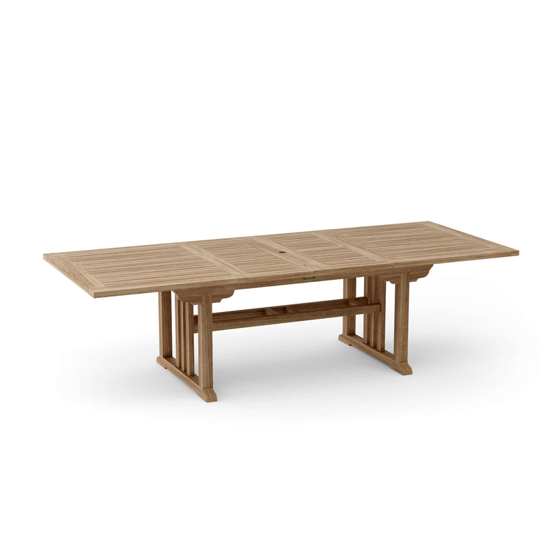 Anderson Teak Sahara 106" rectangular double extension dining talbe on white background.  