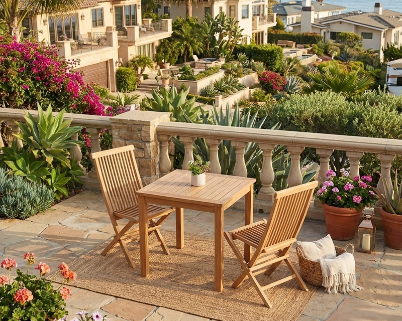 Anderson Teak Bahama Bistro 3-piece set on a stone patio with view of coastal homes and the ocean.  