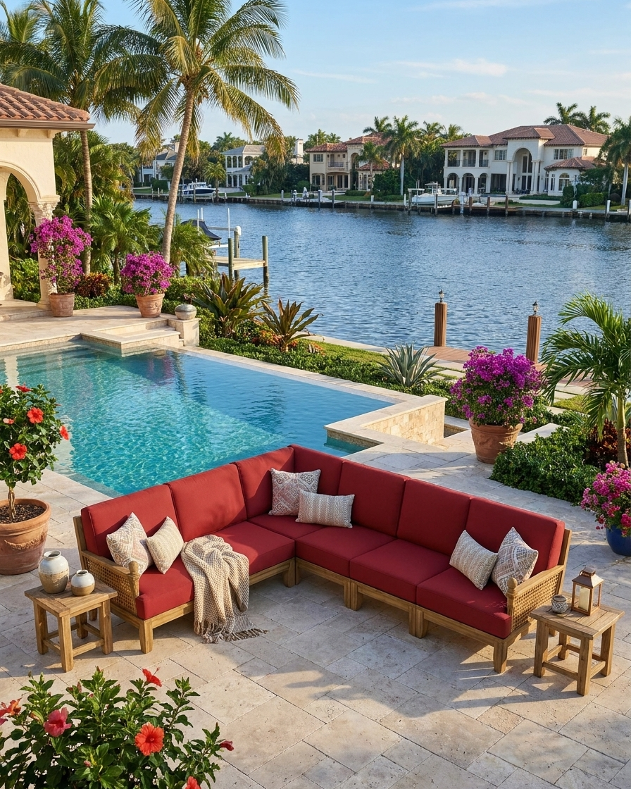 A luxury outdoor sectional sofa with red cushions and light wood frames, styled on a stone patio next to a swimming pool and overlooking a canal with palm trees and waterfront houses.