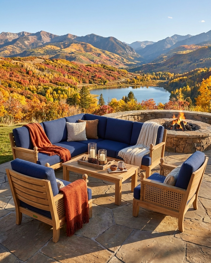 Anderson teak luxe modular set on a stone patio overlooking a mountain and lake view.  