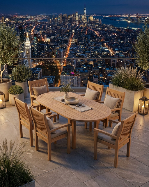 Anderson Teak 7-piece Bahama Sahara Dining Set on a Highrise balcony overlooking the city.  