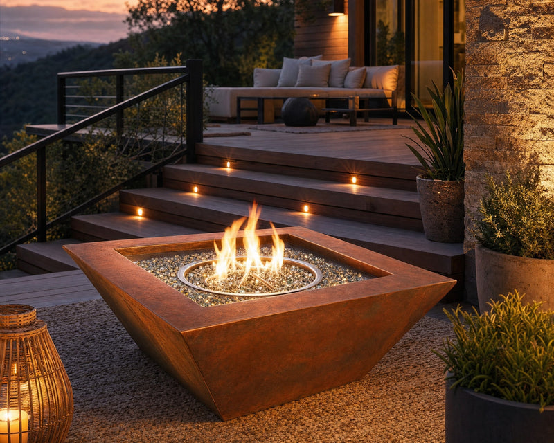 HPC Sierra 36-inch smooth copper fire bowl on a wooden patio with mountain views.  