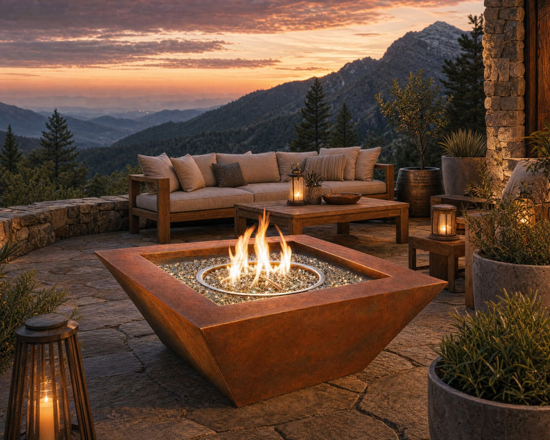 Sierra 36-inch smooth copper fire bowl on a stone patio with mountain views.  