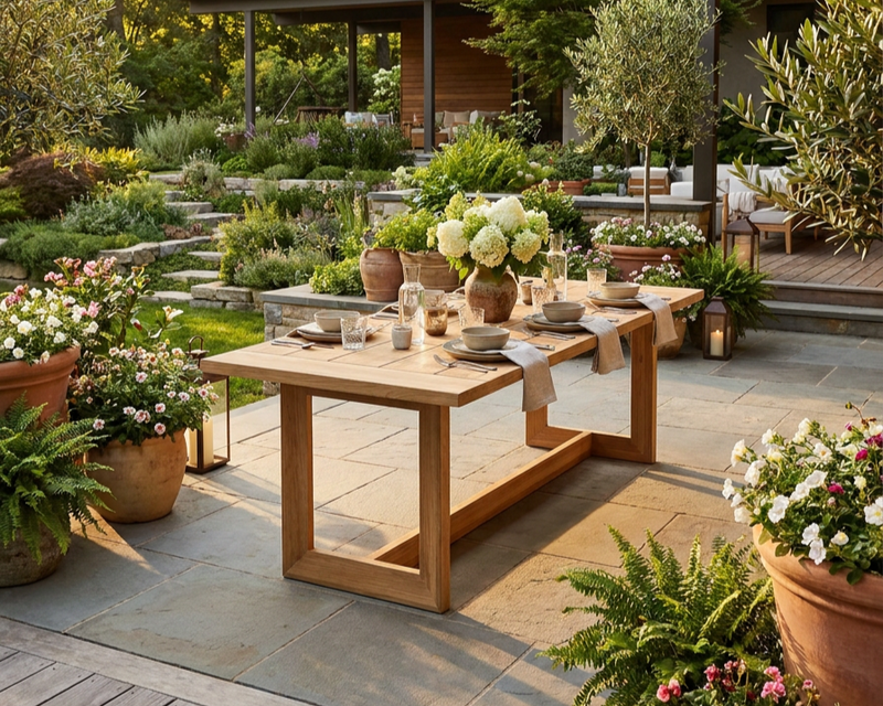 Anderson Teak Smyrna dining table on a stone patio in an elegant backyard environment.  